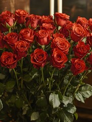 Obraz premium A large bouquet of deep red roses, lush green foliage, close-up view. Perfect for Valentine's Day, anniversary, or romantic themed projects.