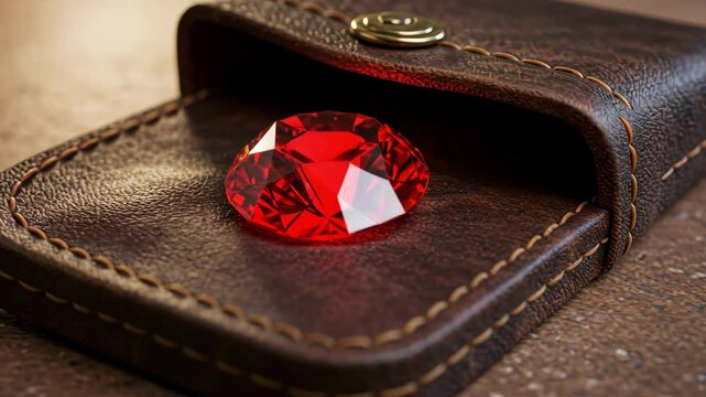 A red ruby nestled in a brown leather case, evoking luxury and craftsmanship.