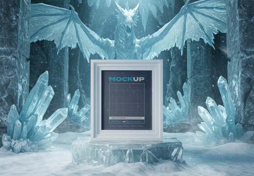 Poster Frame Mockup on Ice Place with Icy Dragon