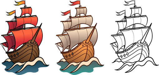 Set of three stylized sailing ships in traditional tattoo style, with bold lines and colored sails. Isolated on white background