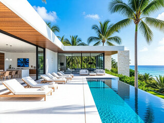 Fototapeta premium Luxury Villa Overlooks Tropical Beach with Infinity Pool