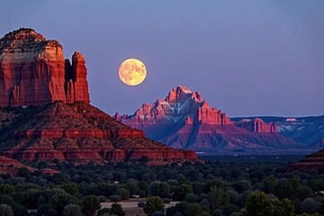 Waxing gibbous moon ascends behind Sedona's iconic sandstone formations , USA, light, shadow