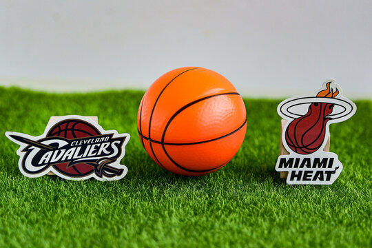 April 18, 2025, Springfield, United States. The emblems of the National Basketball Association's Eastern Conference playoff teams are Cleveland Cavaliers and Miami Heat.
