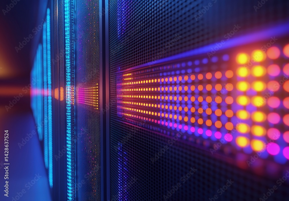 Poster close-up view of illuminated server racks with glowing orange, purple, and blue led indicators. idea