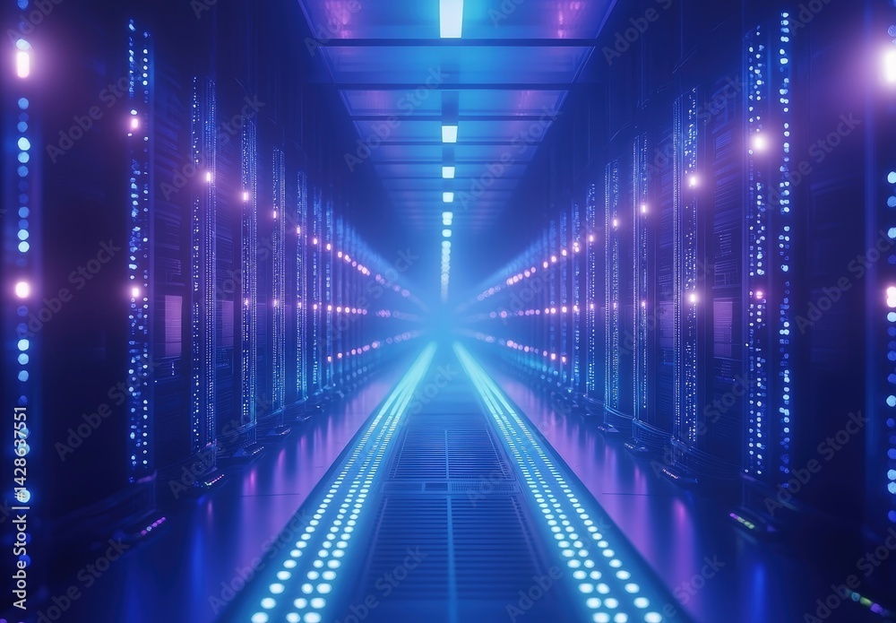 Poster Vibrant data center corridor with symmetrical rows of illuminated servers and a glowing vanishing point. Perfect for futuristic tech ads, AI, and cyber system themes