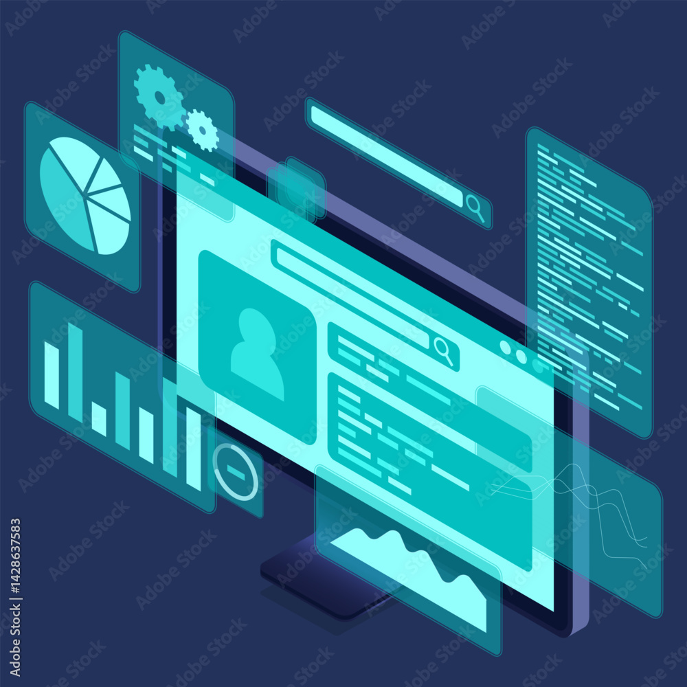 Poster computer monitor with blue virtual holographic projections with graphs and charts for data analysis.