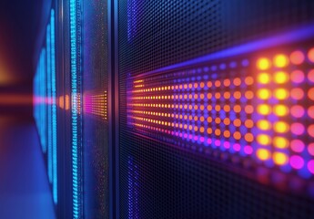 Close-up view of illuminated server racks with glowing orange, purple, and blue LED indicators. Ideal for cyber visuals, data tech branding, and IT system interface concepts