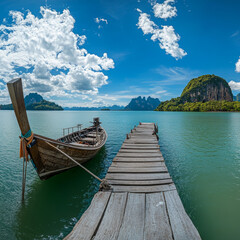 Obraz premium Long-tail boat moored at a peaceful pier in a tropical bay, surrounded by calm waters and limestone cliffs.