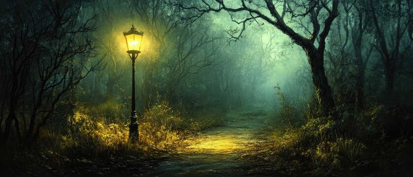 A single lamp post illuminates a mysterious path through a foggy, dark forest.