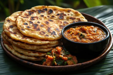 Delicious Indian flatbreads served with spicy lentil curry and a tangy vegetable side dish
