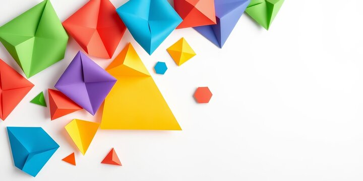 Colorful geometric paper shapes on white background, ample empty space, white, triangle