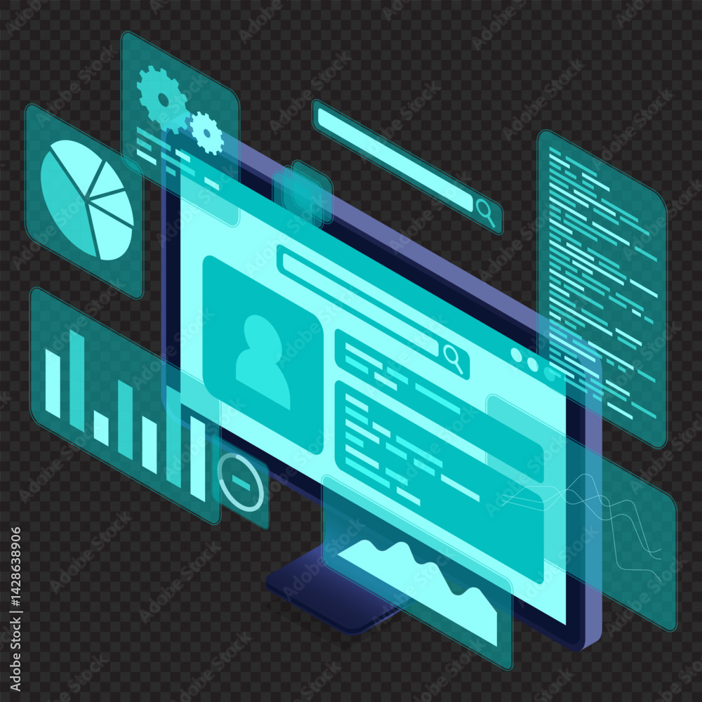 Poster computer monitor with blue virtual holographic projections with graphs and charts for data analysis.