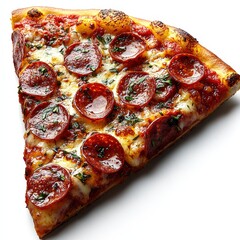 A delicious slice of pepperoni pizza topped with melted cheese and herbs, showcasing a crispy crust and savory toppings.