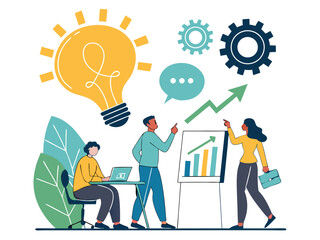 Flat design illustration of marketing strategy, teamwork, and business growth. Includes charts, light bulb, gears, and people working together.