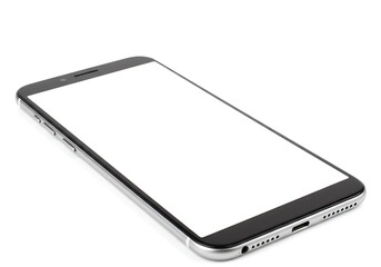 Cell phone screen close up on white background, new smartphone with blank screen, slightly tilted angle for realistic viewing.