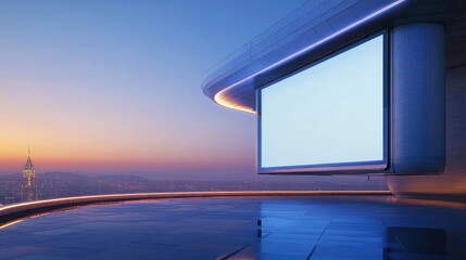 Fototapeta premium Blank billboard on futuristic rooftop with city skyline at sunset.