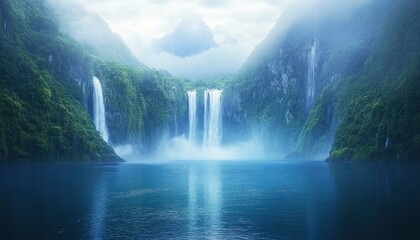 Fototapeta premium A serene landscape featuring majestic waterfalls surrounded by lush greenery and mountains.