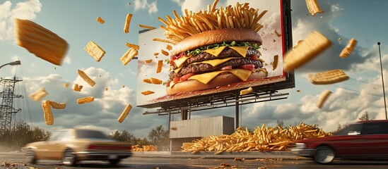 Giant burger billboard with french fries exploding from the sides, two cars passing by.