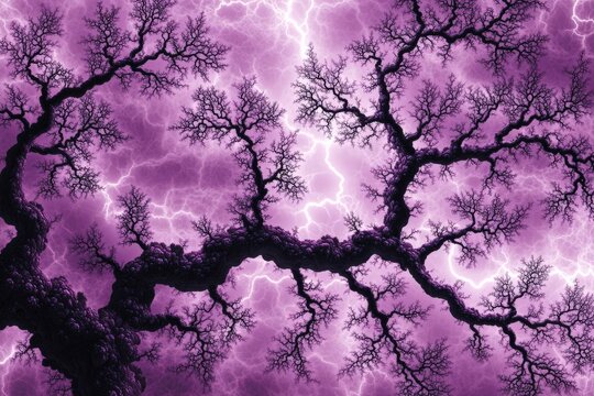 Artistic representation of purple tree branches against lightning sky