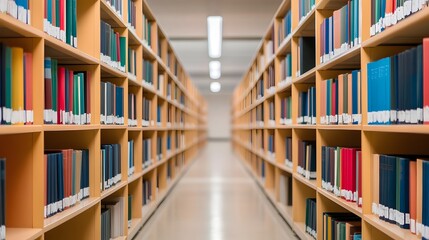 Bright and Organized Academic Library with Rows of Bookshelves