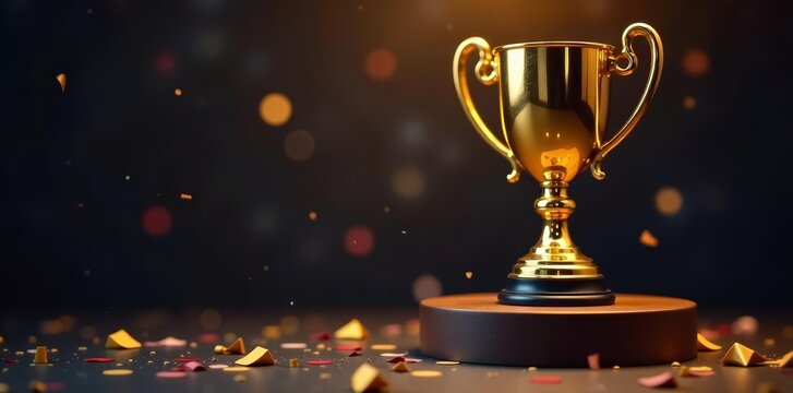 Shiny gold trophy cup award on podium with confetti, style, flat