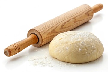 Raw dough and rolling pin isolated on white background