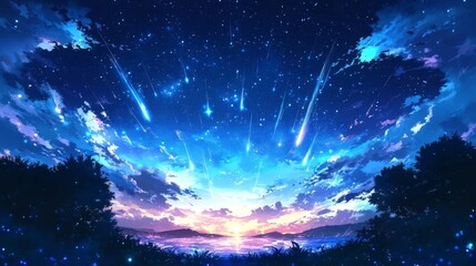 Cosmic digital sky with stars, meteors, and glowing lights - ideal for science fiction and digital space art.