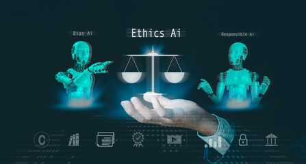 AI ethics or Justice law technology, Responsible artificial intelligence, Businessman compliance, regulation, standard business policy, responsibility, Behavior, and manners, protection of copyright