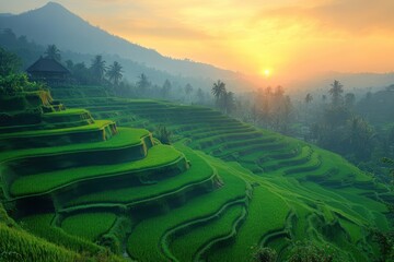 Serene sunrise over lush terraced rice fields in Bali, showcasing nature's beauty and tranquility