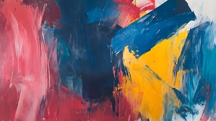 A painting with a lot of different colors and brush strokes. The colors are red, yellow, and blue. The brush strokes are thick and bold, giving the painting a sense of movement and energy