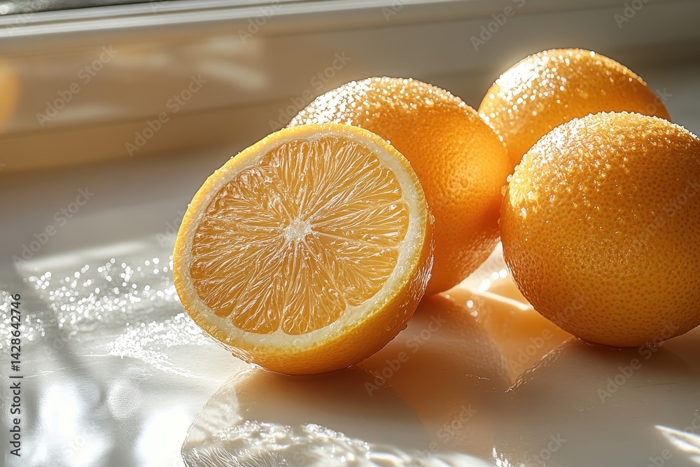 Poster fresh oranges with green leaves arranged on a bright counter illuminated by sunlight in a cozy kitch