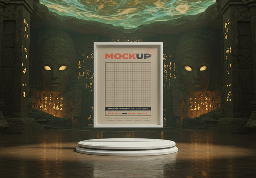 Vertical Frame Poster Mockup Floating on Temple with Totem