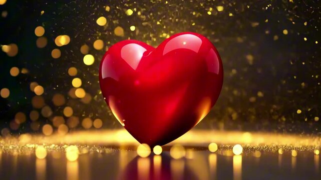 The red three-dimensional heart smoothly approaches and begins to rotate on a golden background surrounded by sparks and lights. The concept of signs, love, and Valentine's day. - Powered by Adobe