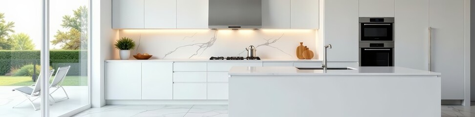 Fototapeta premium Sleek white kitchen with marble countertops and stainless steel appliances, steel, minimalistic