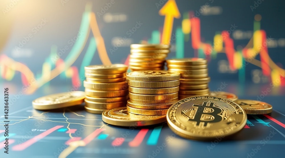 Poster Stacks of Bitcoin coins with financial graphs and data trends in the background.