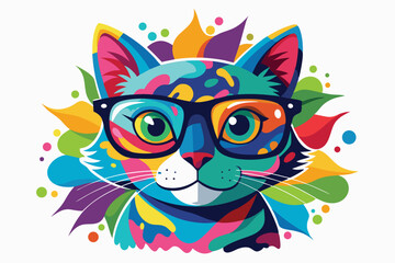 Colorful artistic cat  with colorful paint splatters on white background.