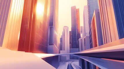 A modern vector-style cityscape, clean lines, crisp details, ultra-sharp edges, futuristic and sleek