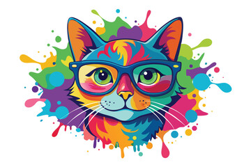 Colorful artistic cat  with colorful paint splatters on white background.