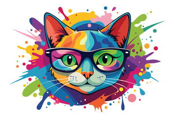 Colorful artistic cat  with colorful paint splatters on white background.