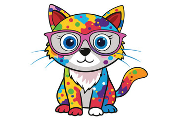 Colorful artistic cat  with colorful paint splatters on white background.