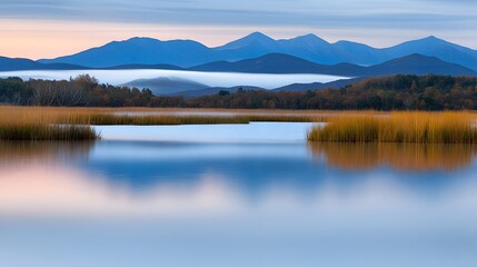 Fototapeta premium Serene Lake Reflecting Misty Mountains at Dawn Peaceful Nature Landscape