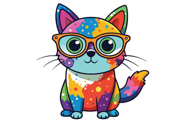 Colorful artistic cat  with colorful paint splatters on white background.