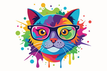 Colorful artistic cat  with colorful paint splatters on white background.