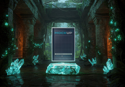 Vertical Frame Poster Mockup on Hiden Crystal Temple on Jungle