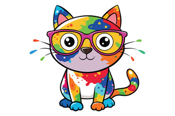 Colorful artistic cat  with colorful paint splatters on white background.