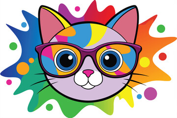 Colorful artistic cat  with colorful paint splatters on white background.