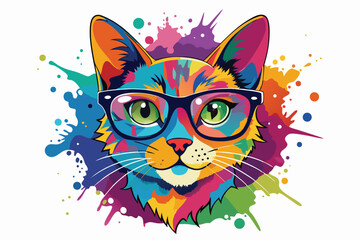 Colorful artistic cat  with colorful paint splatters on white background.