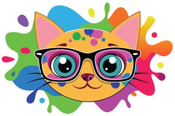 Colorful artistic cat  with colorful paint splatters on white background.