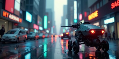 Unmanned combatants in high-tech city setting, artificial intelligence, soldiers, combatant