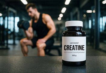 Creatine supplement bottle prominently displayed with muscular man lifting dumbbell in modern gym, fitness and bodybuilding nutrition product focus, health and wellness lifestyle concept